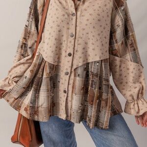 Women's Beige Plaid Button Down Shirt